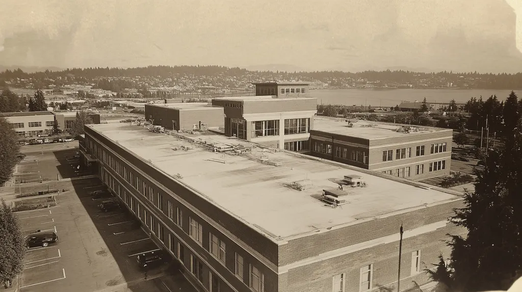 A commercial roof on a hospital in a location similar to Seattle with a tintype aesthetic (AI image)