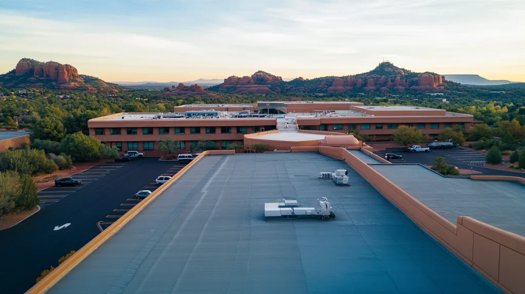 A commercial roof on a hospital in a location similar to Sedona with a cross-processed look aesthetic (AI image)
