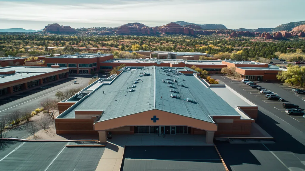 A commercial roof on a hospital in a location similar to Sedona with a cross-processed look aesthetic (AI image)