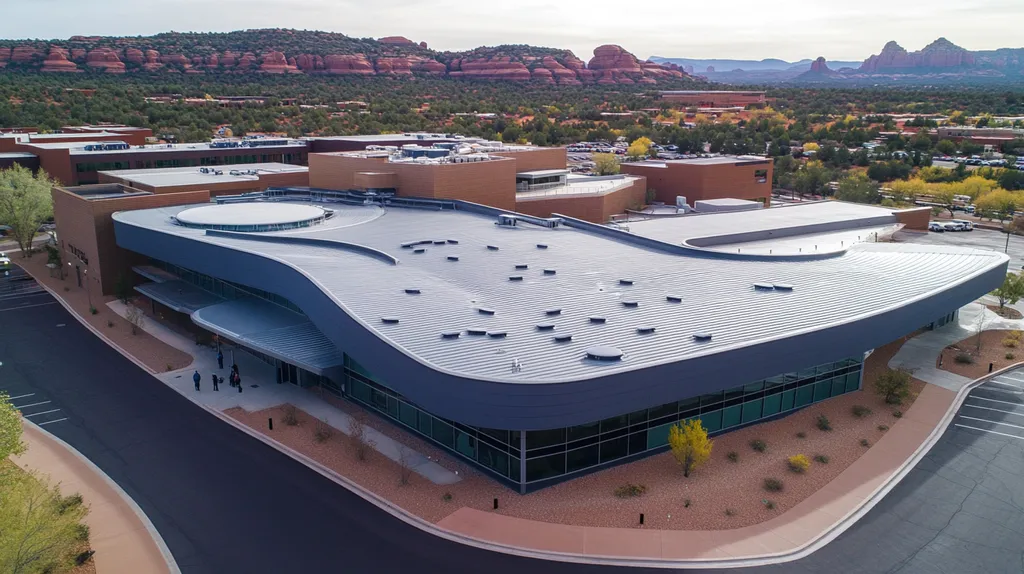 A commercial roof on a hospital in a location similar to Sedona with a futuristic aesthetic (AI image)