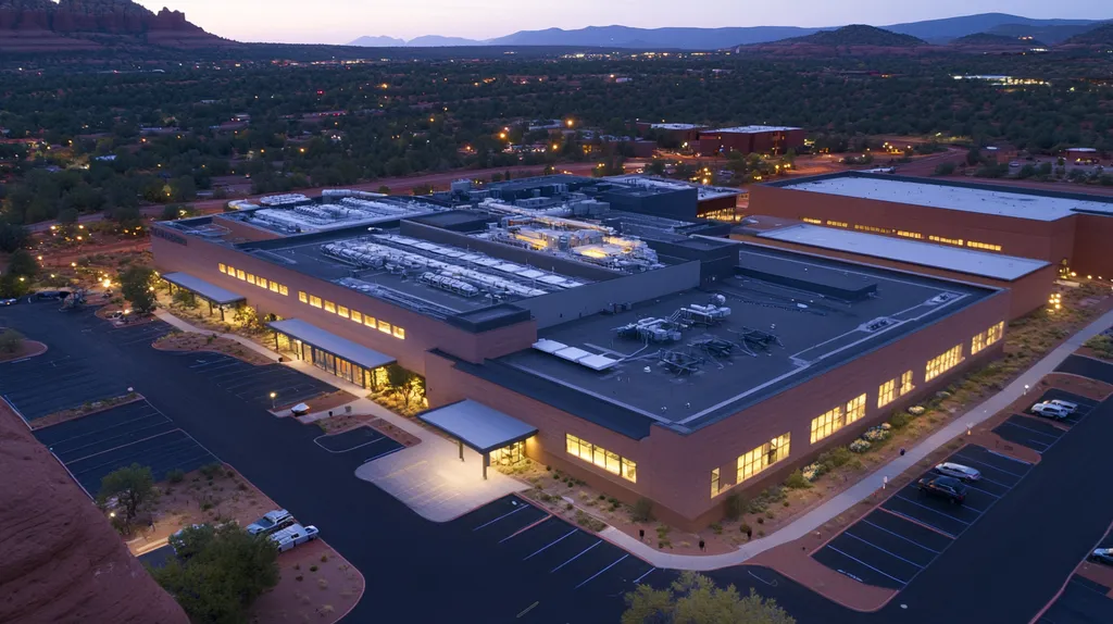 A commercial roof on a hospital in a location similar to Sedona with an illuminated nightscape aesthetic (AI image)