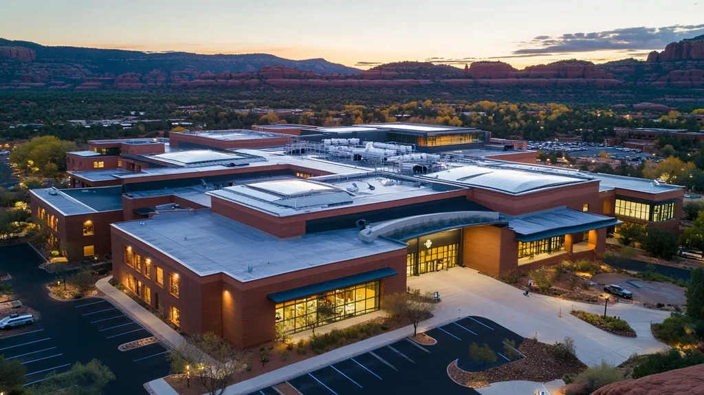 A commercial roof on a hospital in a location similar to Sedona with an illuminated nightscape aesthetic (AI image)