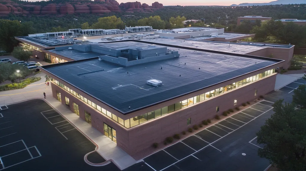 A commercial roof on a hospital in a location similar to Sedona with an illuminated nightscape aesthetic (AI image)