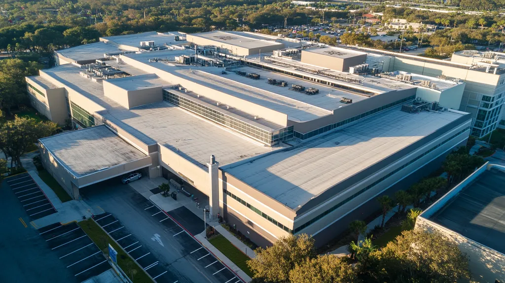 A commercial roof on a hospital in a location similar to Tampa with a color highlight aesthetic (AI image)