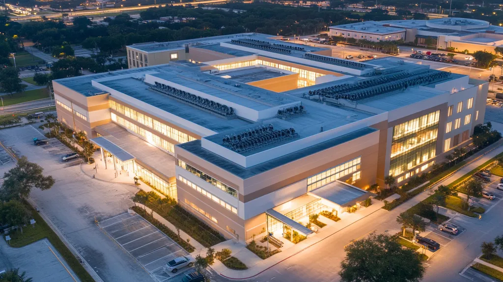 A commercial roof on a hospital in a location similar to Tampa with an illuminated nightscape aesthetic (AI image)