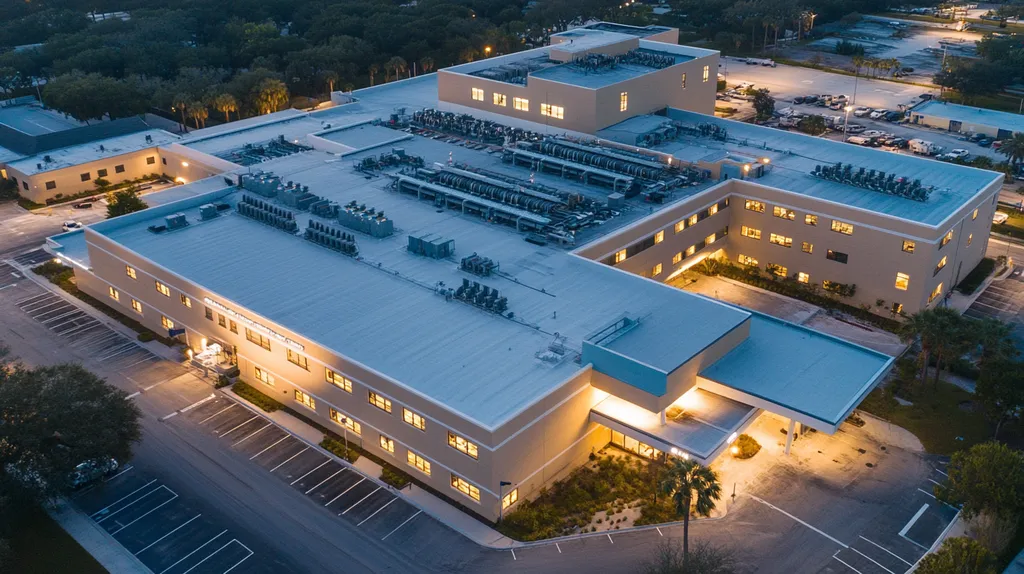 A commercial roof on a hospital in a location similar to Tampa with an illuminated nightscape aesthetic (AI image)