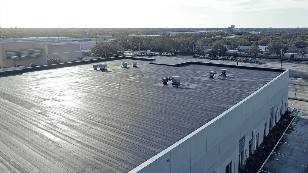 A commercial roof on a manufacturing plant in a location similar to Jacksonville with a light beams aesthetic (AI image)