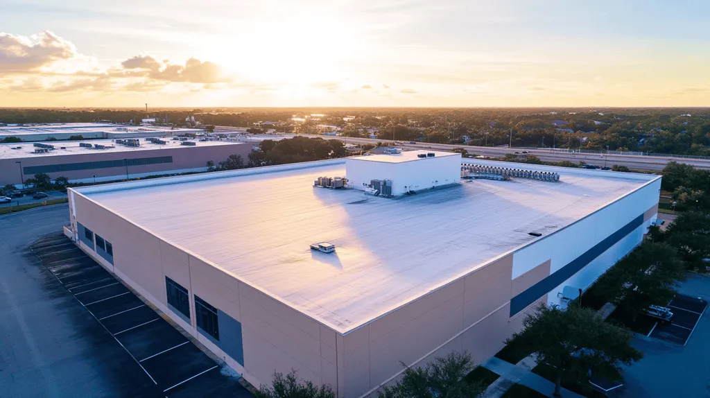 A commercial roof on a manufacturing plant in a location similar to Jacksonville with a light beams aesthetic (AI image)