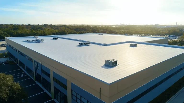 A commercial roof on a manufacturing plant in a location similar to Jacksonville with a light beams aesthetic (AI image)