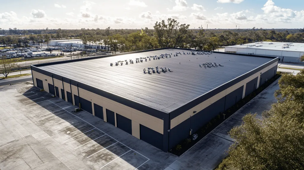 A commercial roof on a manufacturing plant in a location similar to Jacksonville with a light beams aesthetic (AI image)