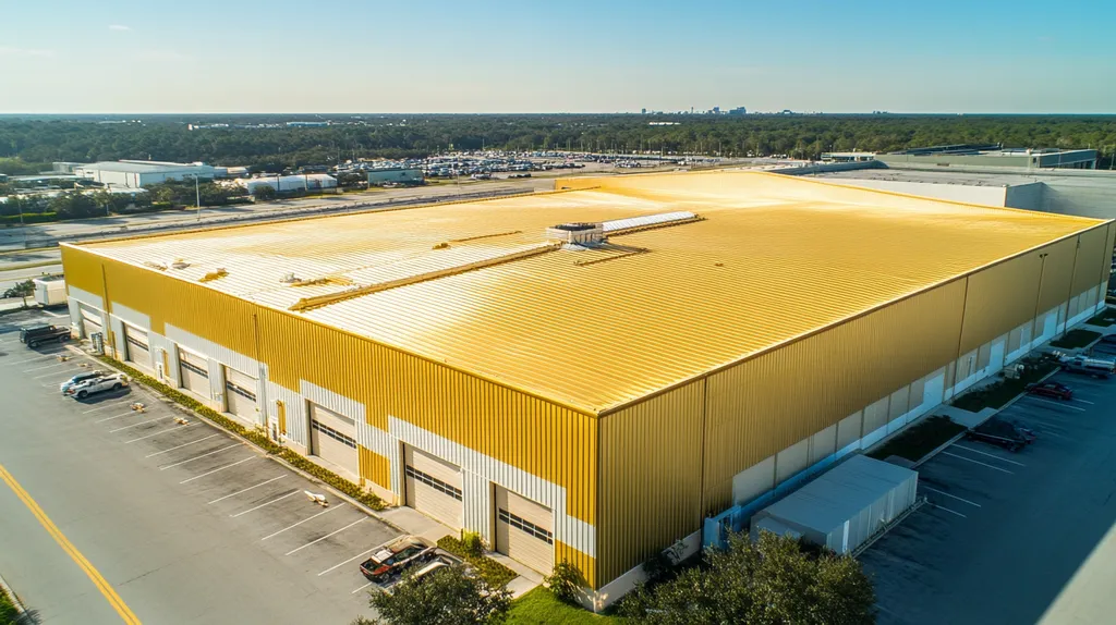 A commercial roof on a manufacturing plant in a location similar to Jacksonville with a solid gold aesthetic (AI image)