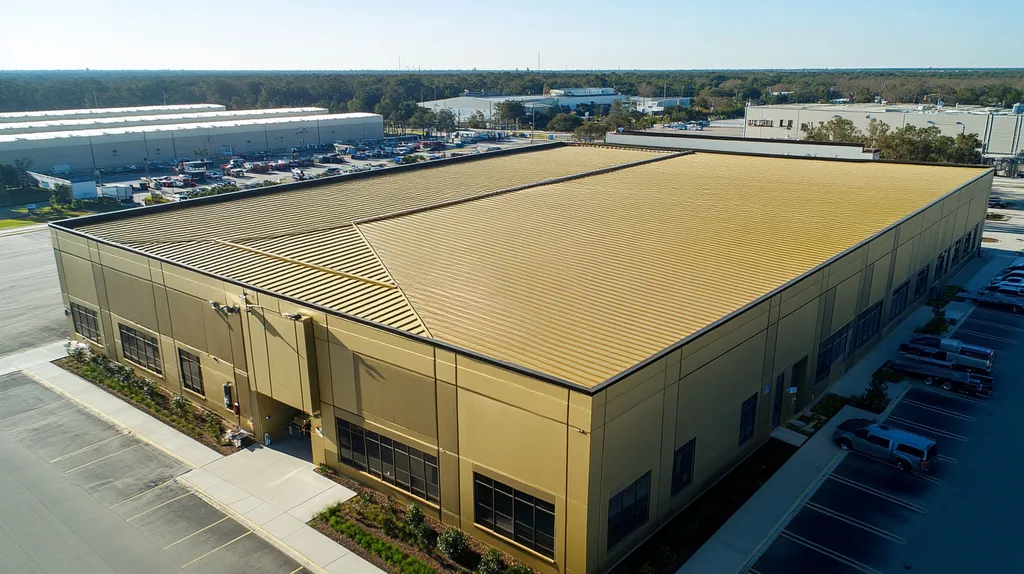 A commercial roof on a manufacturing plant in a location similar to Jacksonville with a solid gold aesthetic (AI image)
