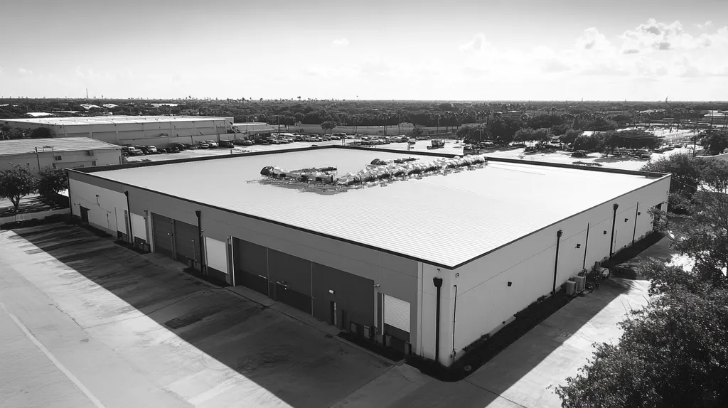 A commercial roof on a manufacturing plant in a location similar to Key West with a black and white photography aesthetic (AI image)
