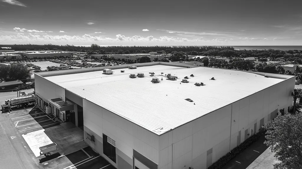 A commercial roof on a manufacturing plant in a location similar to Key West with a black and white photography aesthetic (AI image)