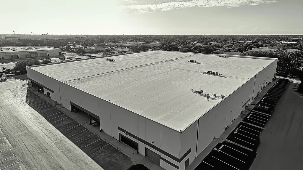A commercial roof on a manufacturing plant in a location similar to Key West with a black and white photography aesthetic (AI image)