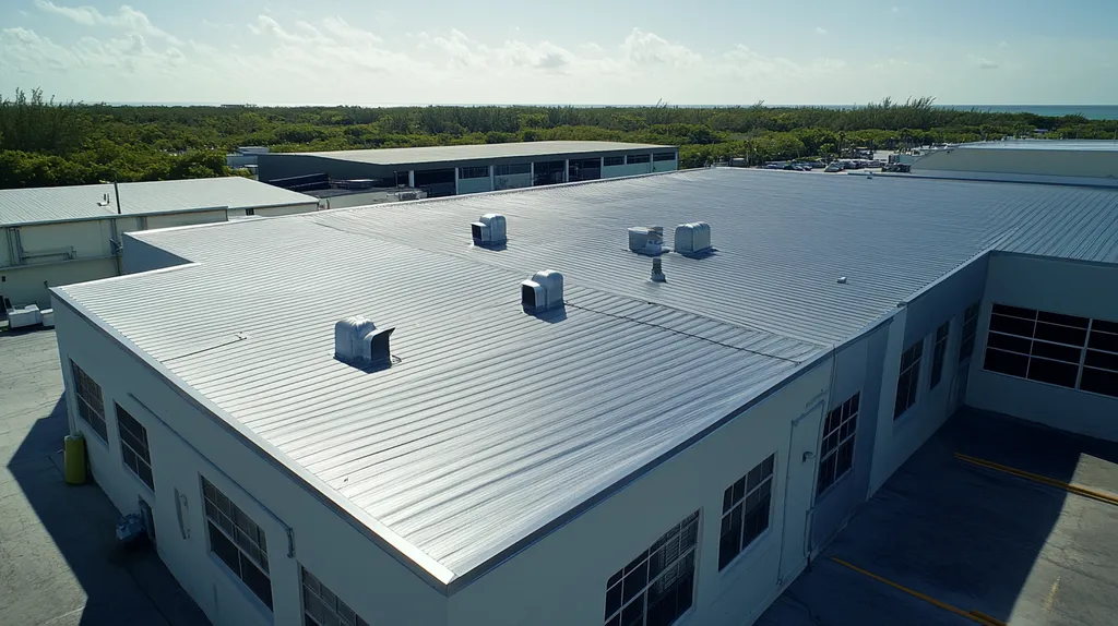 A commercial roof on a manufacturing plant in a location similar to Key West with a stainless steel aesthetic (AI image)