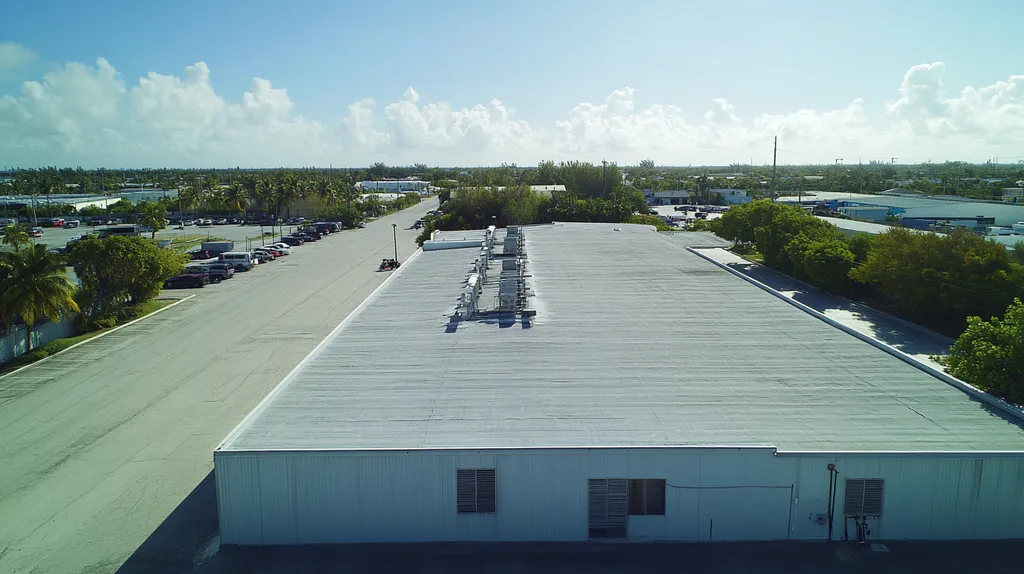 A commercial roof on a manufacturing plant in a location similar to Key West with an urban context aesthetic (AI image)