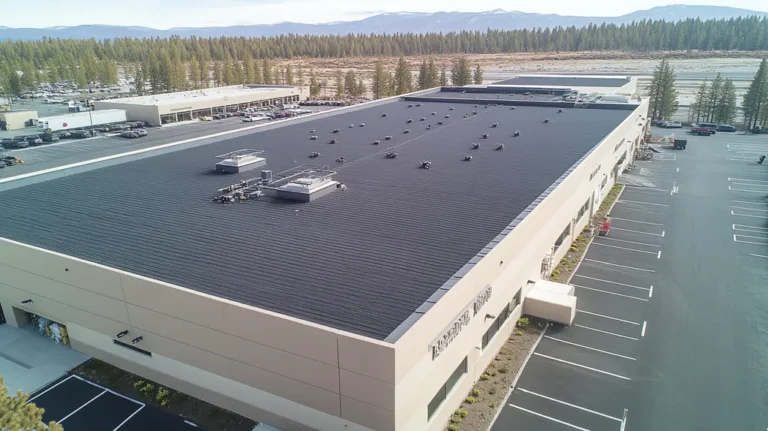 A commercial roof on a manufacturing plant in a location similar to Lake Tahoe with a rainy day aesthetic (AI image)