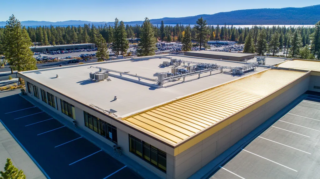 A commercial roof on a manufacturing plant in a location similar to Lake Tahoe with a solid gold aesthetic (AI image)