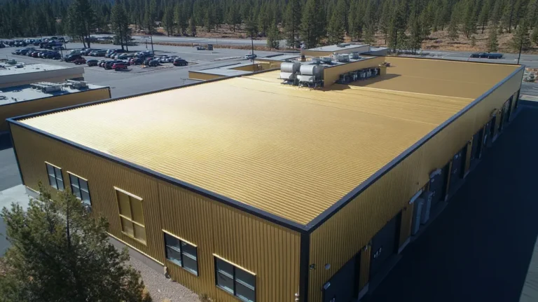 A commercial roof on a manufacturing plant in a location similar to Lake Tahoe with a solid gold aesthetic (AI image)