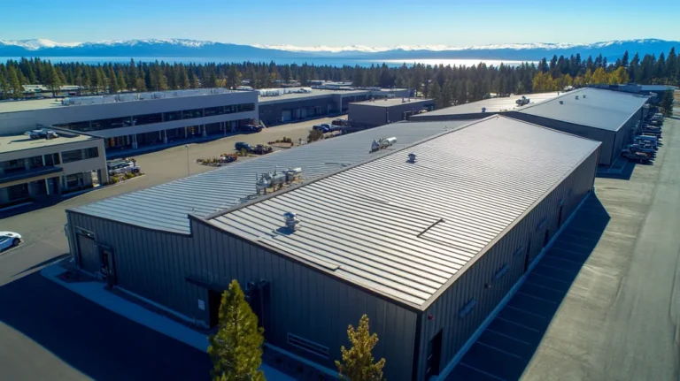 A commercial roof on a manufacturing plant in a location similar to Lake Tahoe with a stainless steel aesthetic (AI image)
