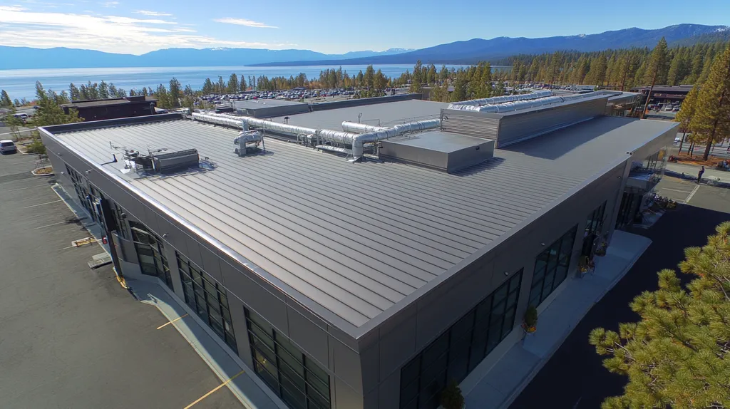 A commercial roof on a manufacturing plant in a location similar to Lake Tahoe with a stainless steel aesthetic (AI image)