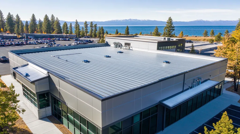 A commercial roof on a manufacturing plant in a location similar to Lake Tahoe with a stainless steel aesthetic (AI image)