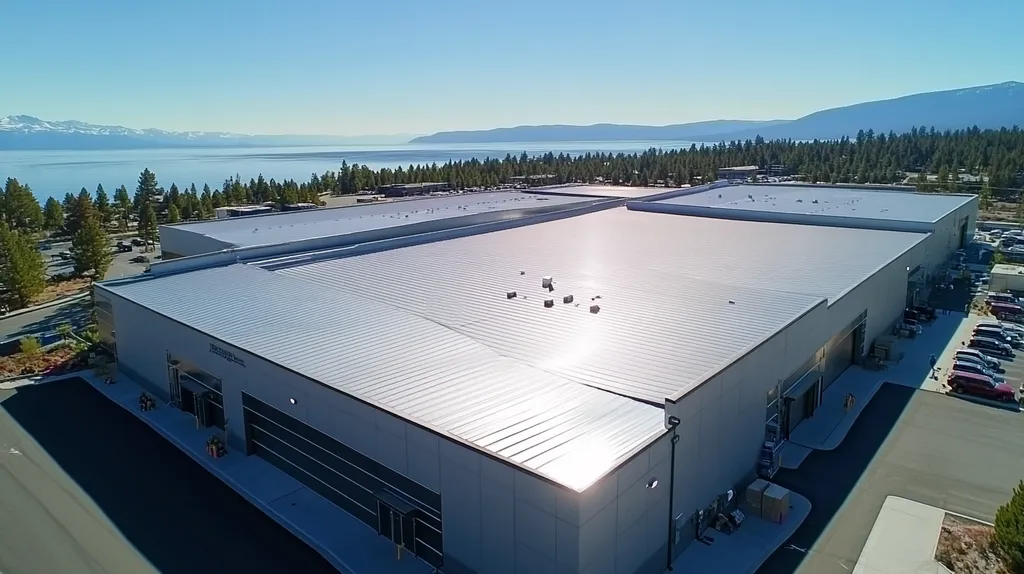A commercial roof on a manufacturing plant in a location similar to Lake Tahoe with a stainless steel aesthetic (AI image)