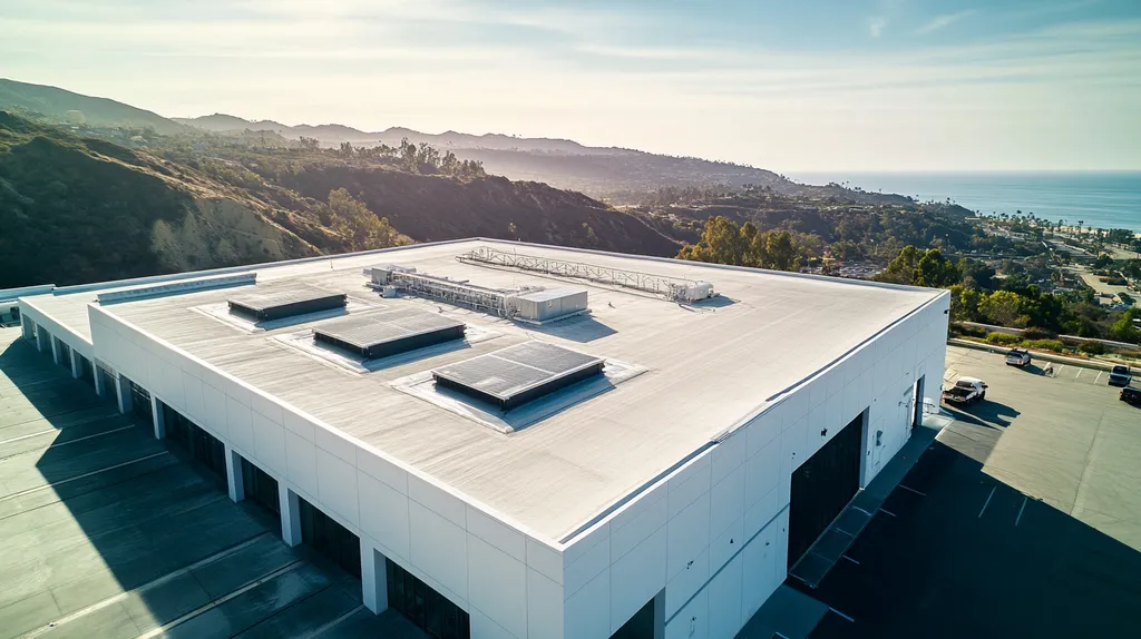 A commercial roof on a manufacturing plant in a location similar to Malibu with an architectural photography aesthetic (AI image)