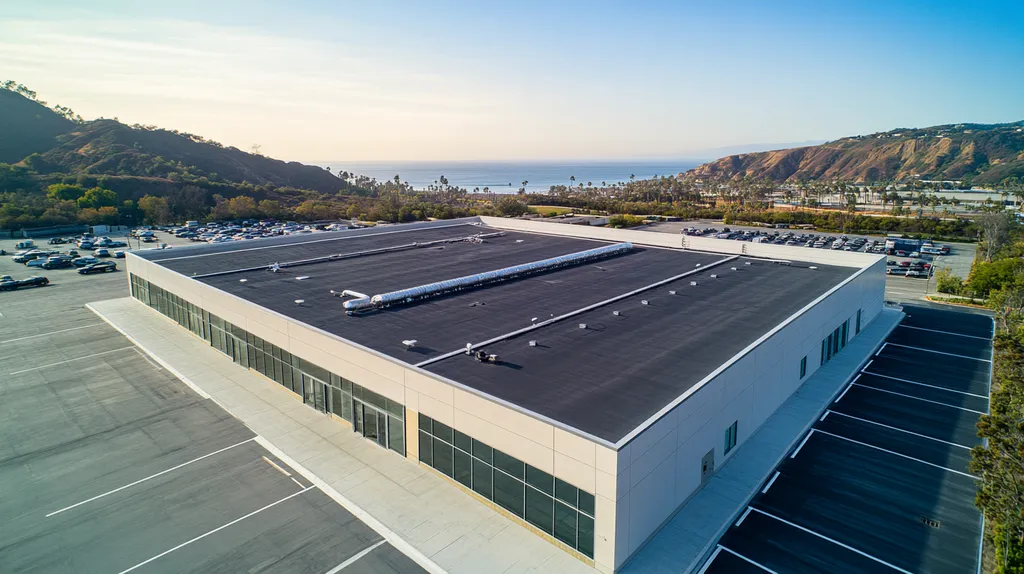 A commercial roof on a manufacturing plant in a location similar to Malibu with an architectural photography aesthetic (AI image)