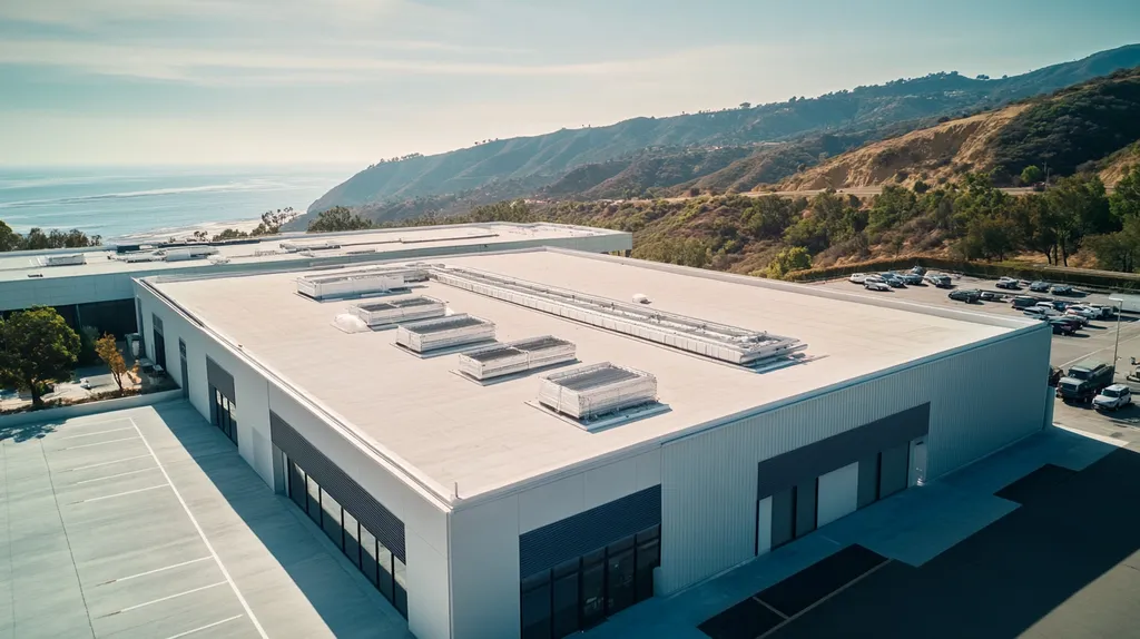 A commercial roof on a manufacturing plant in a location similar to Malibu with an architectural photography aesthetic (AI image)