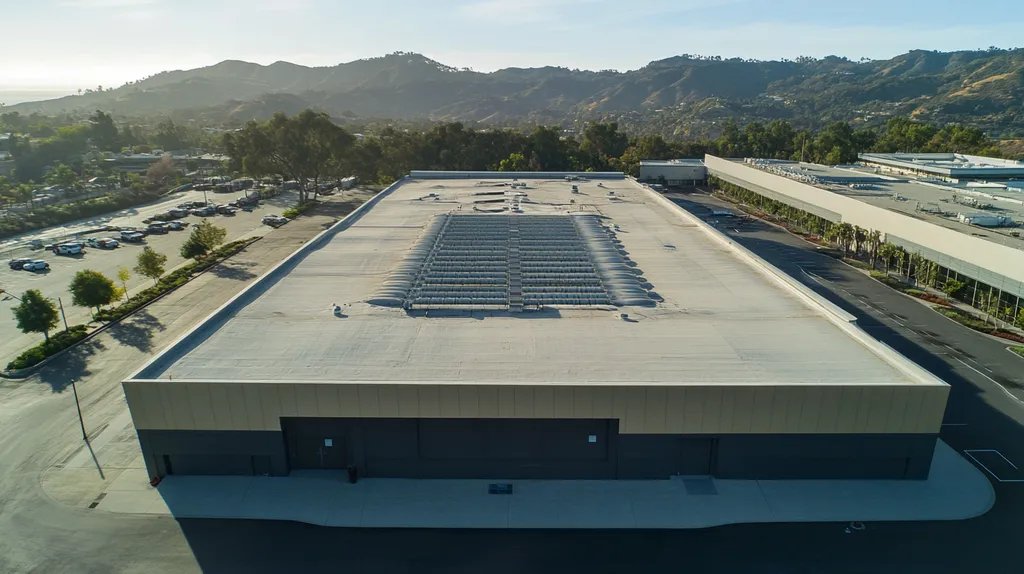 A commercial roof on a manufacturing plant in a location similar to Malibu with a futuristic aesthetic (AI image)