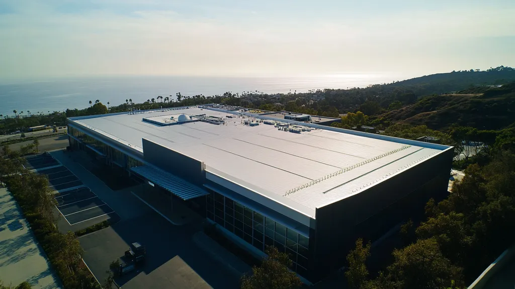 A commercial roof on a manufacturing plant in a location similar to Malibu with a futuristic aesthetic (AI image)