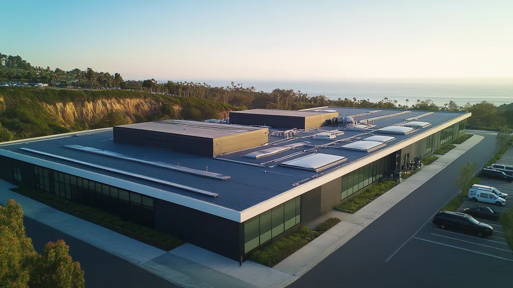 A commercial roof on a manufacturing plant in a location similar to Malibu with a futuristic aesthetic (AI image)