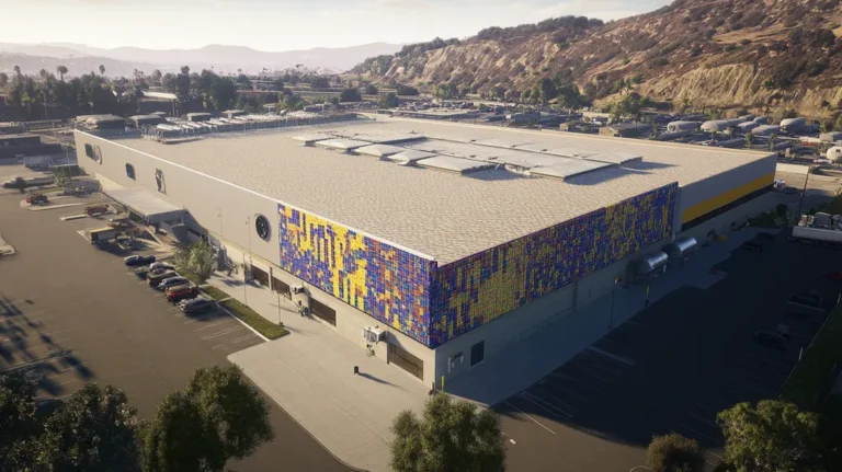 A commercial roof on a manufacturing plant in a location similar to Malibu with a mosaic tile art aesthetic (AI image)