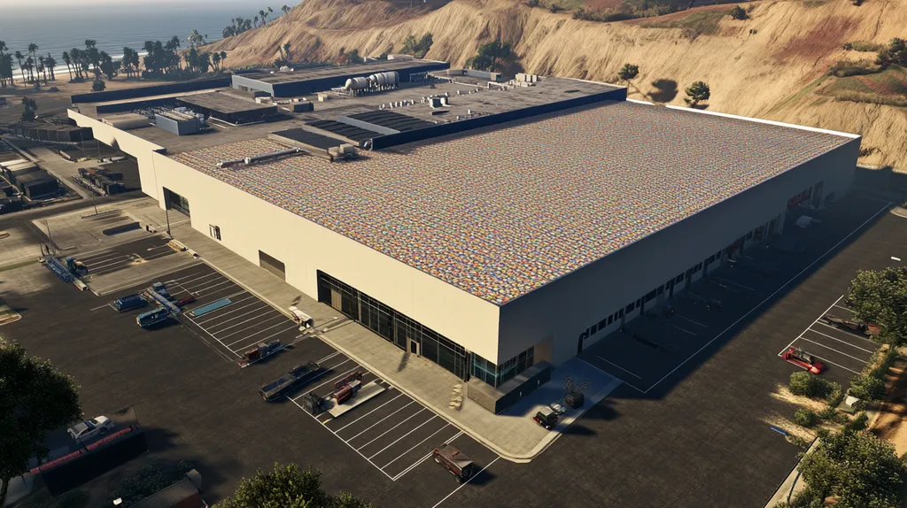 A commercial roof on a manufacturing plant in a location similar to Malibu with a mosaic tile art aesthetic (AI image)