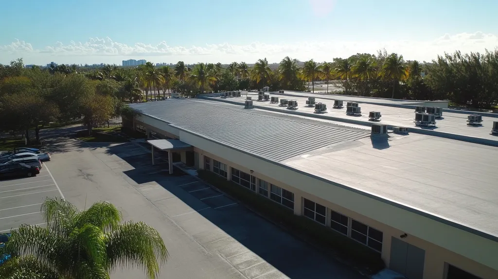 A commercial roof on a manufacturing plant in a location similar to Miami with a rainy day aesthetic (AI image)