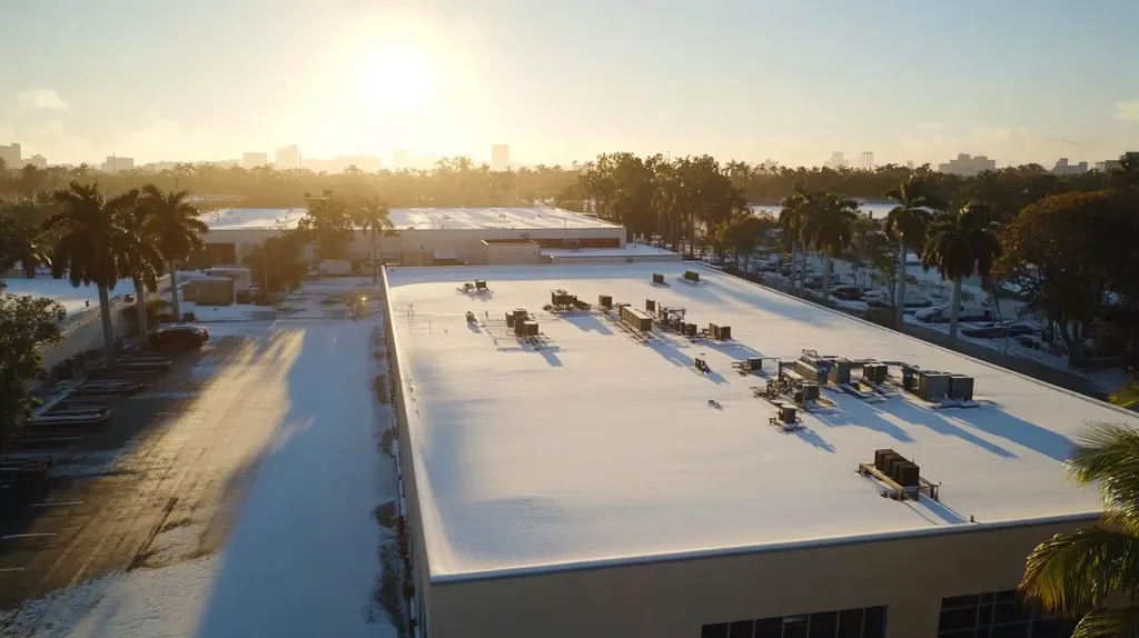 A commercial roof on a manufacturing plant in a location similar to Miami with a snowy day aesthetic (AI image)