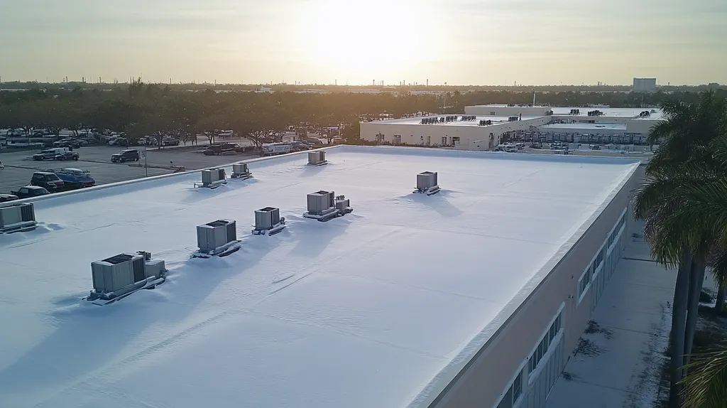 A commercial roof on a manufacturing plant in a location similar to Miami with a snowy day aesthetic (AI image)