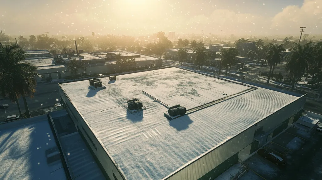 A commercial roof on a manufacturing plant in a location similar to Miami with a snowy day aesthetic (AI image)