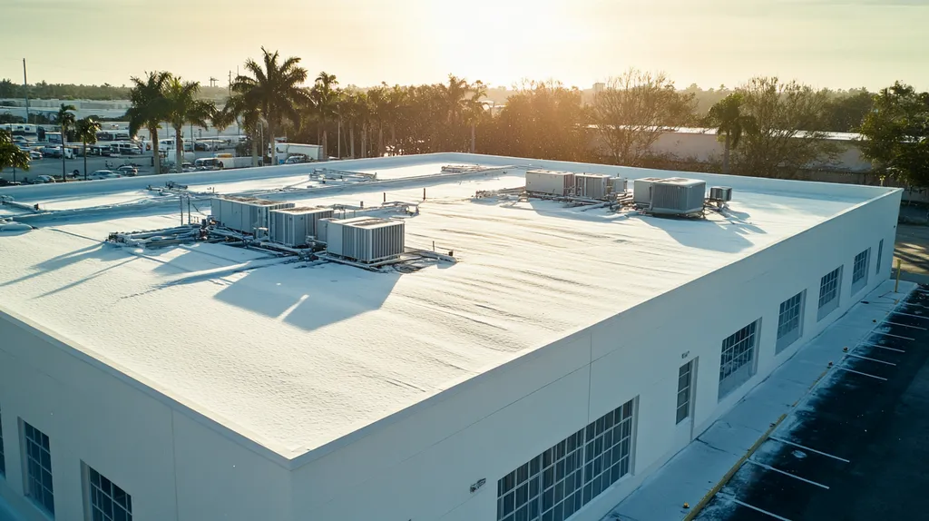 A commercial roof on a manufacturing plant in a location similar to Miami with a snowy day aesthetic (AI image)