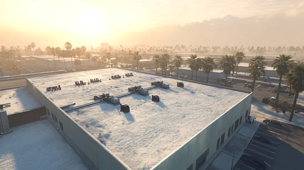 A commercial roof on a manufacturing plant in a location similar to Miami with a snowy day aesthetic (AI image)