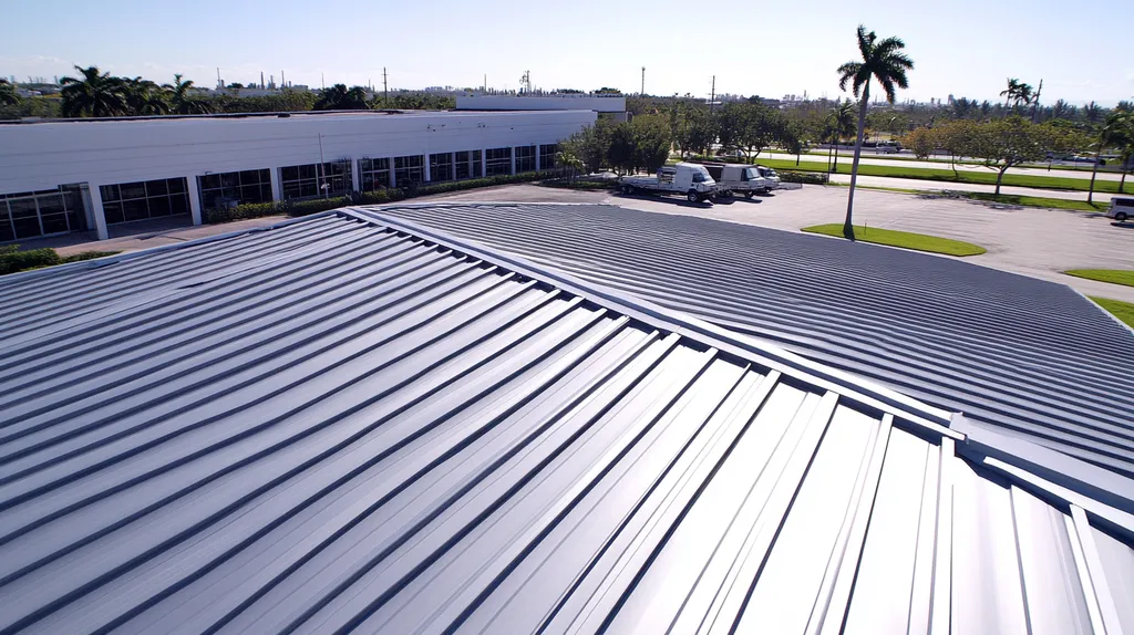 A commercial roof on a manufacturing plant in a location similar to Miami with a stainless steel aesthetic (AI image)