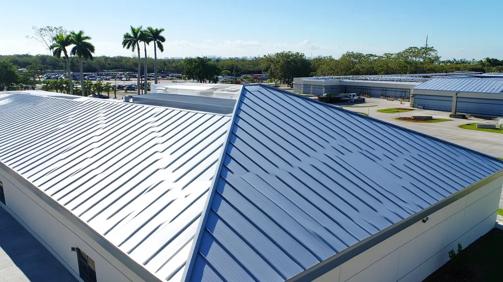 A commercial roof on a manufacturing plant in a location similar to Miami with a stainless steel aesthetic (AI image)