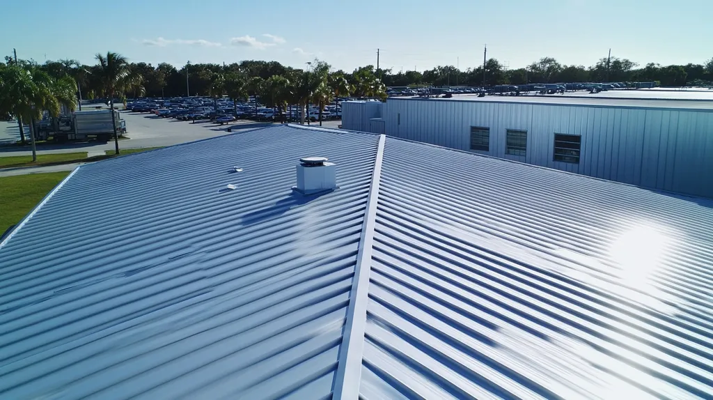 A commercial roof on a manufacturing plant in a location similar to Miami with a stainless steel aesthetic (AI image)
