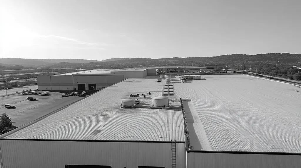 A commercial roof on a manufacturing plant in a location similar to Nashville with a black and white photography aesthetic (AI image)