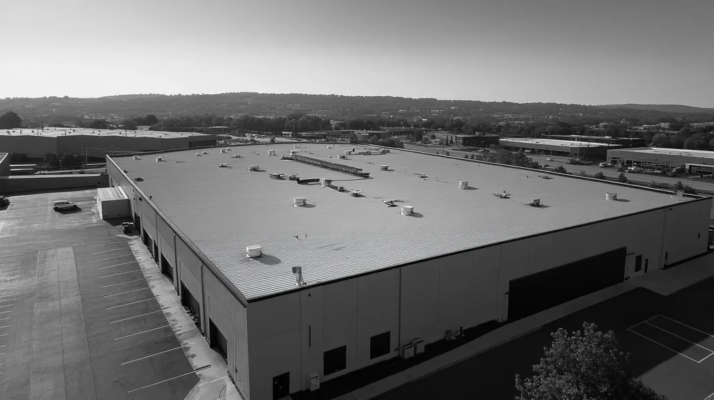 A commercial roof on a manufacturing plant in a location similar to Nashville with a black and white photography aesthetic (AI image)
