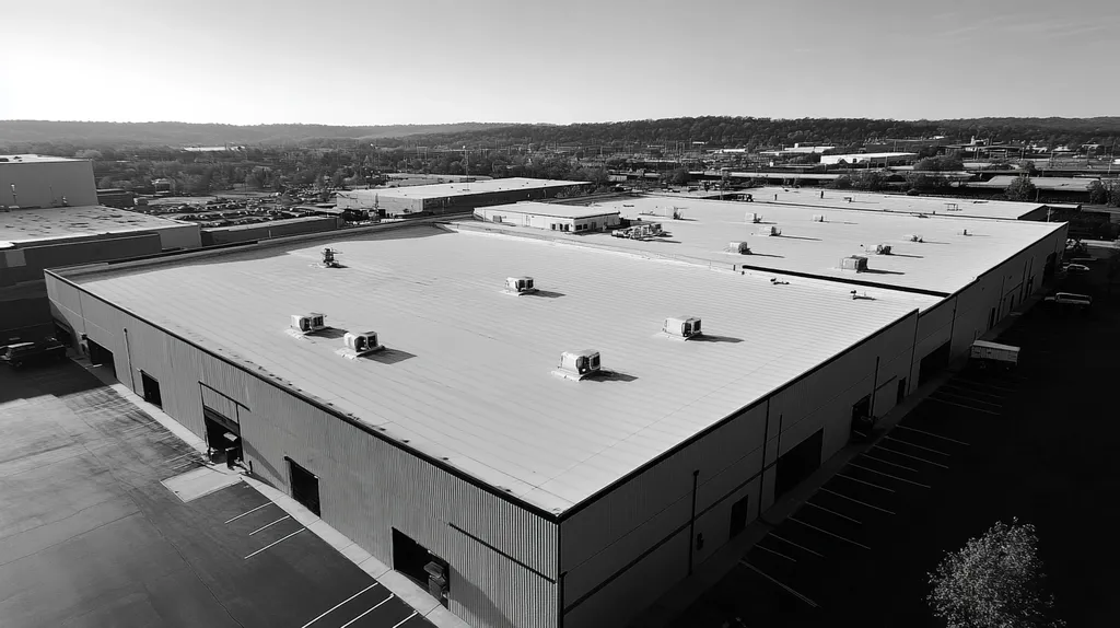 A commercial roof on a manufacturing plant in a location similar to Nashville with a black and white photography aesthetic (AI image)