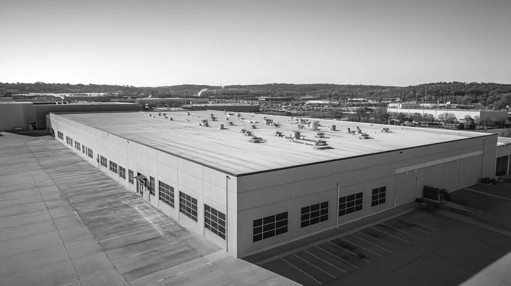 A commercial roof on a manufacturing plant in a location similar to Nashville with a black and white photography aesthetic (AI image)
