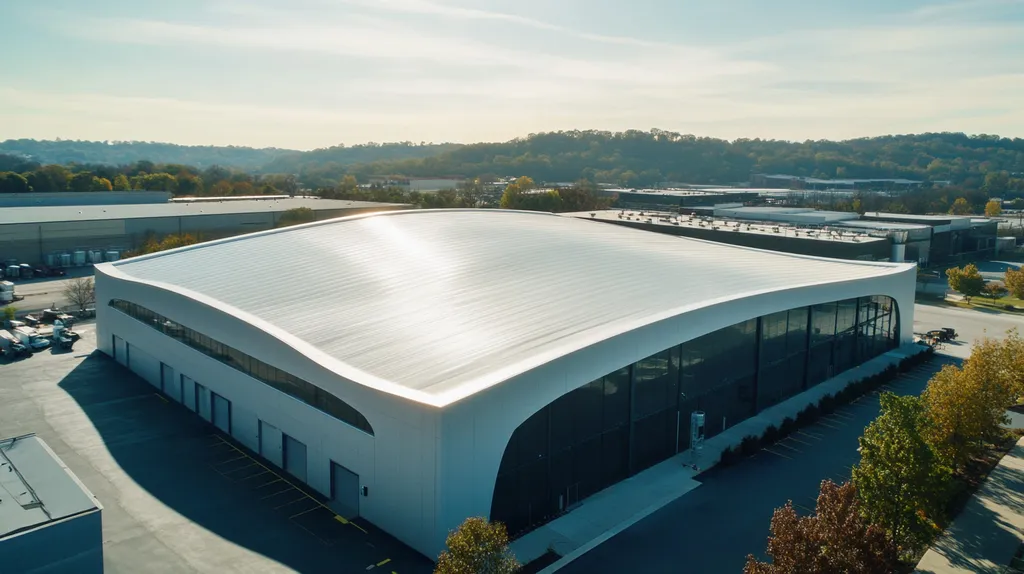 A commercial roof on a manufacturing plant in a location similar to Nashville with a futuristic aesthetic (AI image)